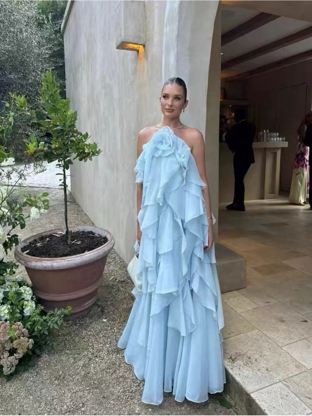 A Classy Chic Boutique Sky Blue Ruffled Halter Maxi Dress